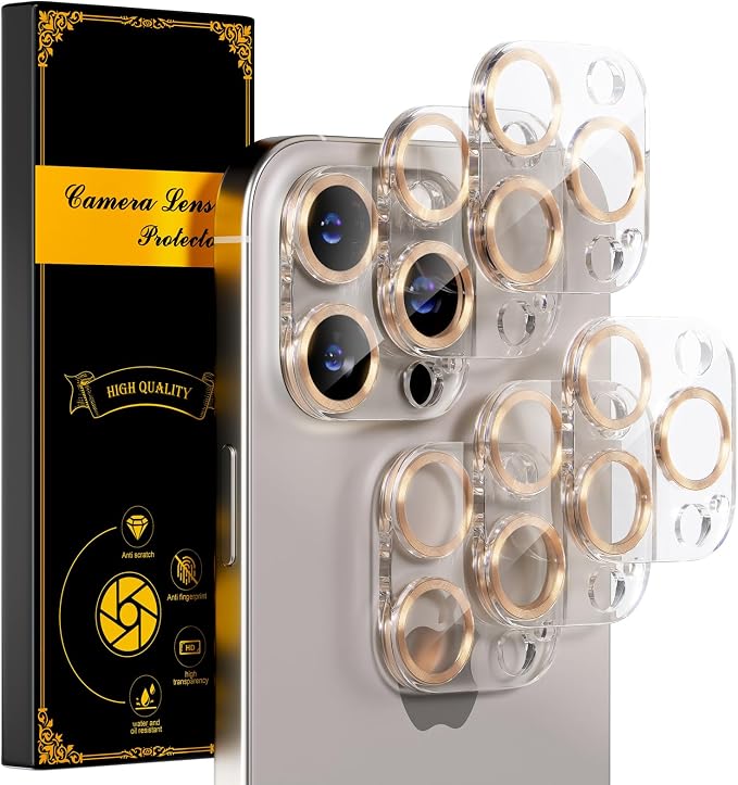 for 6 Pack iPhone 15 Pro/iPhone 15 Pro Max Camera Lens Protector [Drop Protection] [Case Friendly] [Easy Installation] 9H Tempered Glass Camera Screen Protector Cover, CD Gold by Beuxece