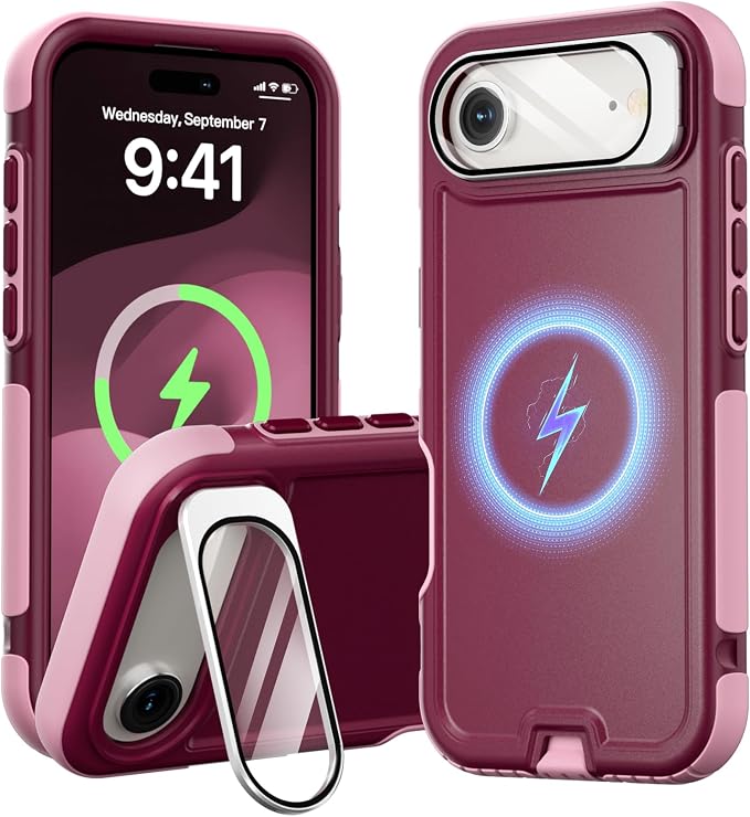 Follaroma Magnetic for iPhone 17 Air Case with Camera Stand, Purple Pink | Built-in Glass Camera Cover Stand,Compatible with MagSafe,Heavy Duty Shockproof Protective,Military-Grade Anti-DropDual Case by Follaroma