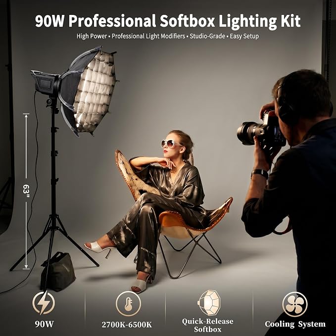 Niceveedi Softbox Lighting Kit, 2700-6500K LED Photography Lighting with 16.5” Quick-Release Softbox/Bowens Mount/Cooling System/Remote/Tripod, 90W Video Light for Video Recording/Streaming/Portraits - Image 2