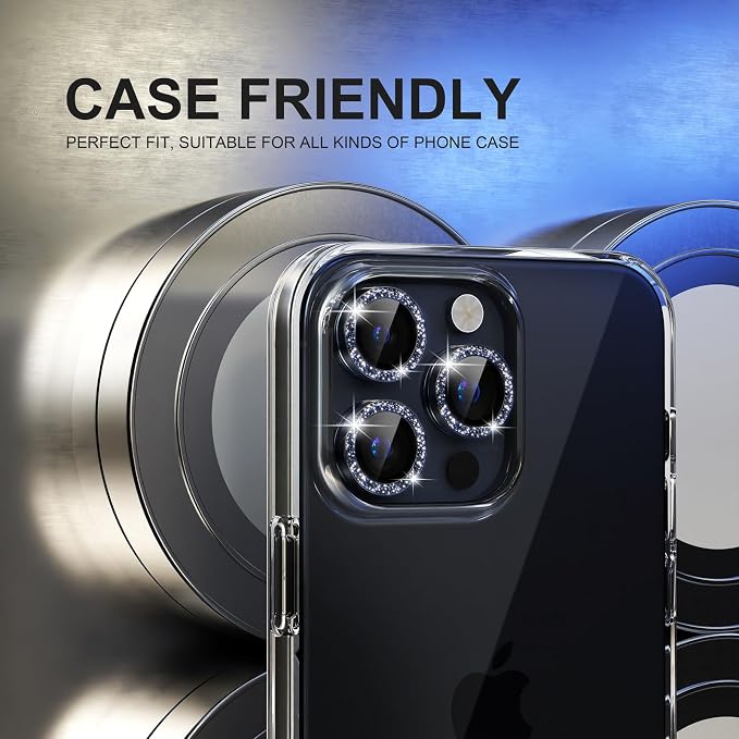 Choiche for iPhone 15 Pro/iPhone 15 Pro Max Camera Lens Protector | Ultra HD, Bling 9H Tempered Glass Camera Cover Screen Protector Metal Ring Decoration Accessories (Glitter-Blue) - Image 4