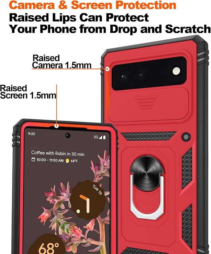 Gritup for Google Pixel 6 Phone Case: Pixel 6 Phone Case with 2*Screen Protector | Magnetic Stand & Slide Camera Cover | Shock Proof Military-Grade Funda para Google 6 Cover, Red+Black - Image 5