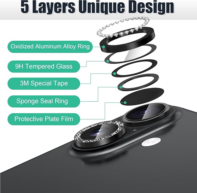 AGVEE 3+3 6 Pack for iPhone 16/16 Plus Camera Lens Protector Cover | Individual Bling Diamond & Bling Glitter Sparkle Cute Gem Metal Ring, 9H Tempered HD Glass - Image 7