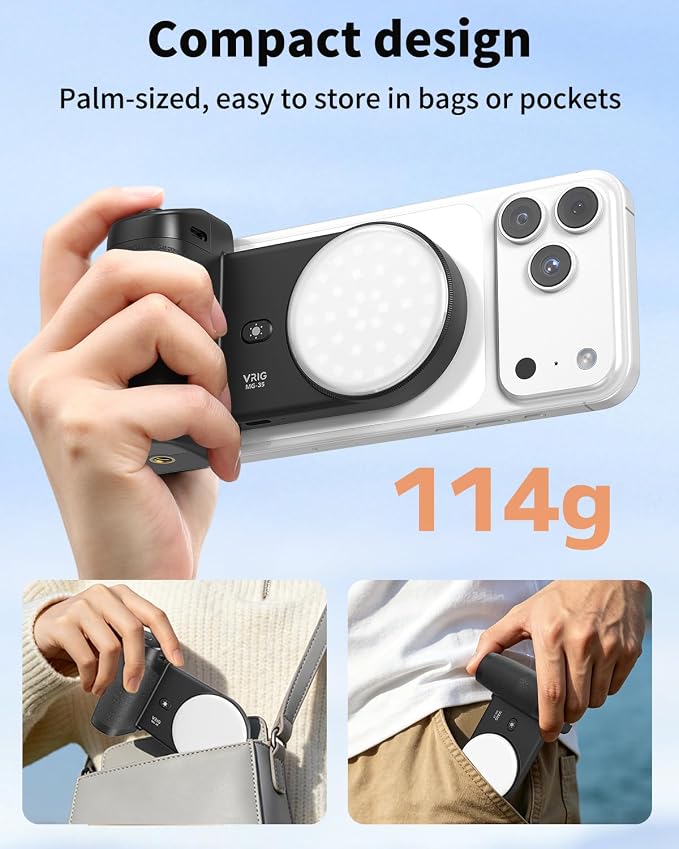 VRIG MG-35 Magnetic Phone Camera Grip for iPhone/Android with Detachable Wireless Shutter Remote,Three-Gear Adjustable Fill Light, 1/4" Tripod Screw - Comfort Ergonomic Camera Grip Handle Holder - Image 4