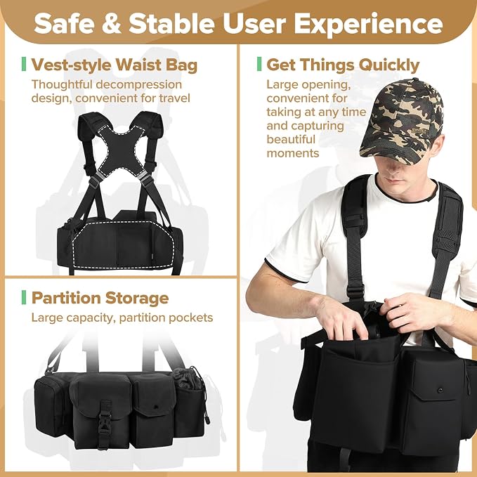 Camera Belt Camera Vest for Photographers,Vest Waist Pack for Lens | Multifunctional Camera Bag Adjustable Strap Suitable for Storing DSLR Camera Body Lens Smartphone Water Bottle(Black) - Image 4