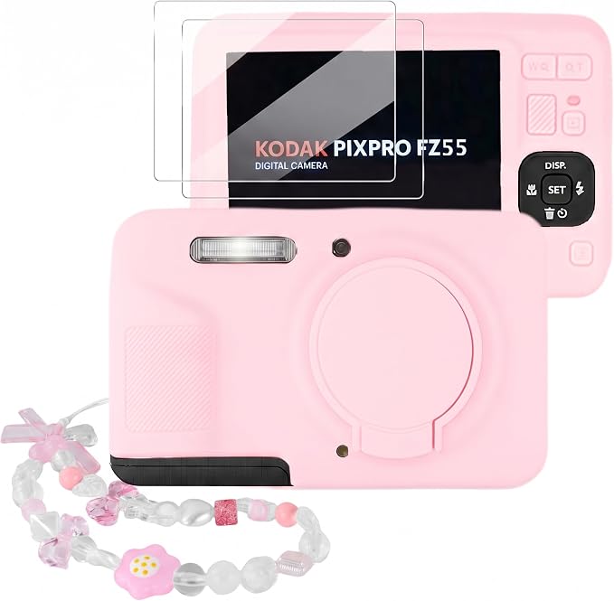 Camera Case for Kodak PIXPRO FZ55 with 2-Pack Screen Protector | Cute Charm Wrist Strap, Soft Silicone Protective Case with Removable Lens Cap for Kodak FZ55 Accessories - Two-Tone Pink by Seltureone