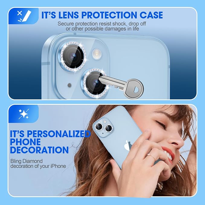 for iPhone 15/15 Plus Camera Lens Protector Bling Diamond, Blue | Individual Metal, 9H Hardness, Scratch Resistant, Shockproof, Drop Protection, Case Friendly, Stylish Accessories - Image 3