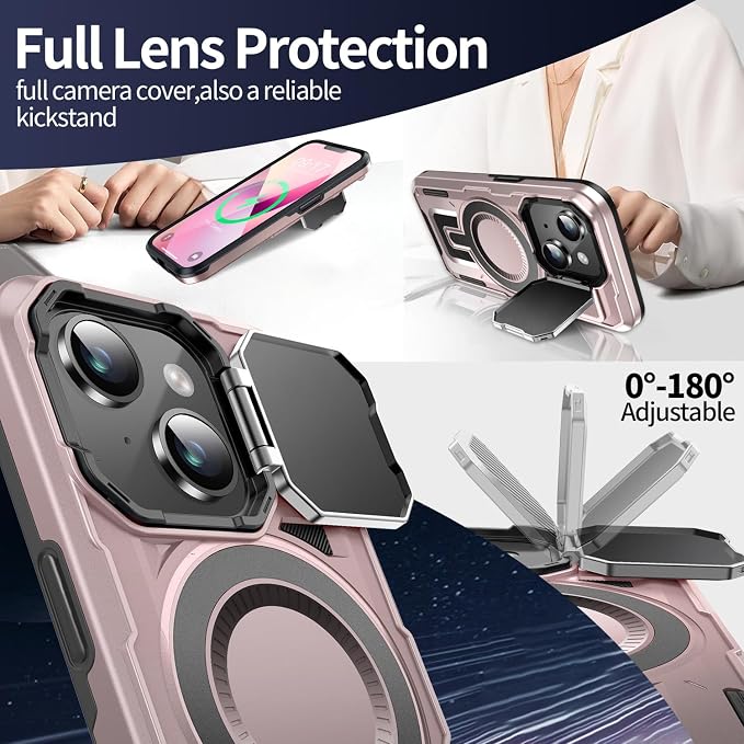 Camera Stand Case for iPhone 13/14, [Compatible with Mag Safe] [Lens Cover] 2024 Version Military Grade Protective Soft Case for iPhone 13/14 6.1 inch Men Women, Pink - Image 3