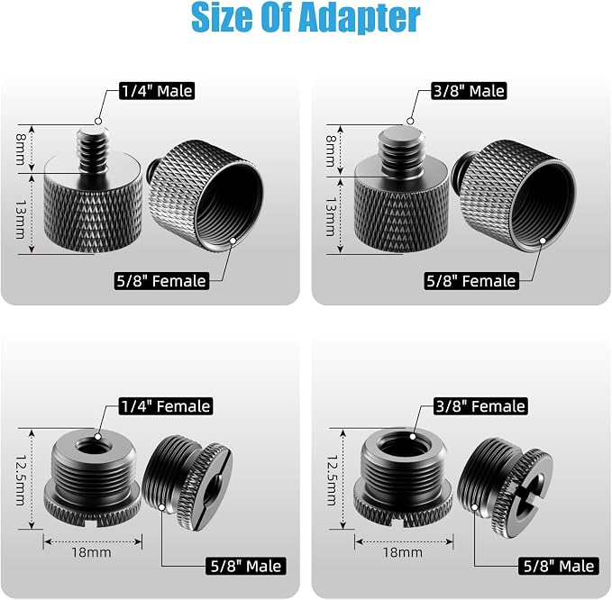 Mic Stand Adapter Set, 5/8 to 3/8 & 1/4 Thread Adapter | 8 Pack, 4 Thread Sizes, Aluminum Alloy, Knurled Grip, Precision Threads, Fits Mic Stands, Boom Arms & Tripods - Image 2
