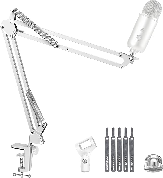 InnoGear Boom Arm Microphone Mic Stand for Blue Yeti Fifine HyperX, White | Desk Mount, Desktop Stands, Adjustable Reach, Rotate Fully, Folds Away Compactly, for Gaming, Streaming or Recording by InnoGear