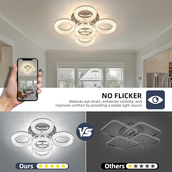 Modern Ceiling Light, 5 Rings 16.9'' Dimmable LED 49W Flush Mount Ceiling Lights with Remote Acrylic Crystal Round Ceiling Light Fixture, Bedroom Living Room Dining Room, Chrome - Image 5