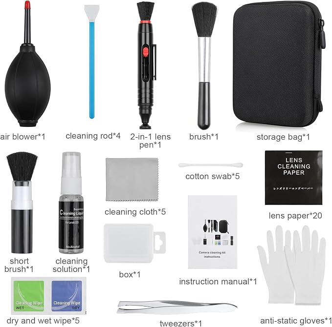 14-in-1 Camera Lens Cleaning Kit - Mirrorless & DSLR Sensor Cleaning Kit for Canon, Sony, Nikon Including Lens Blower, Detergent, Swabs, Cloth, Pen, Brush - Image 2