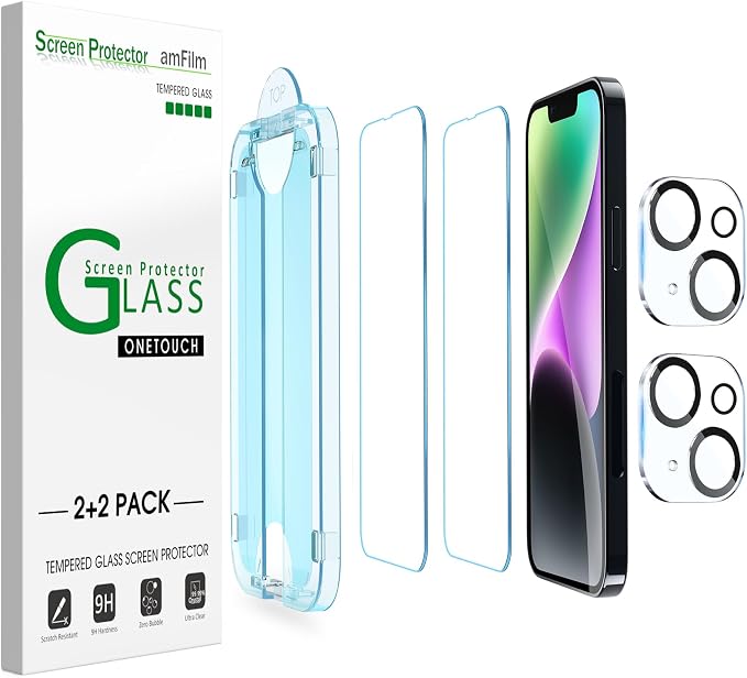 amFilm OneTouch for iPhone 14 Plus Screen Protector 6.7'' Tempered Glass | Auto-Alignment, 30s Install, Bubble Free, Scratch & Drop Protection, HD Clear, Camera Lens Protector, 2+2 Pack (14-6.7'') by amFilm