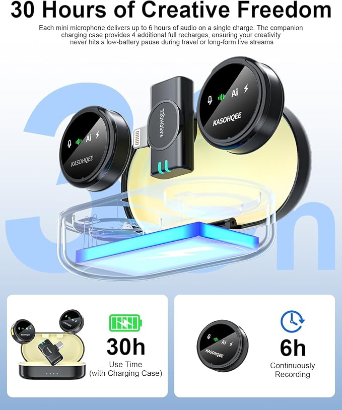 Wireless Lavalier Microphone for iPhone 17/16/15/14, iPad & Android, Magnetic Clip-on Mini Mic with Charging Case,30H Playtime Plug-Play Lapel Lavalier Mic for Vlog TikTok, AI Noise Reduction - Image 5