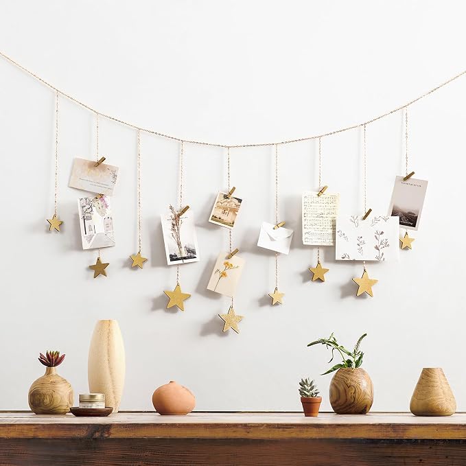 Mkono Hanging Photo Display, Boho Picture Wall Decor, 25 Wood Clips, Gold | Teen Girl Gift, Artworks Cards Holder, Wooden Stars, Metal Chains, Bedroom Living Room Dorm Office, Christmas Birthday - Image 5