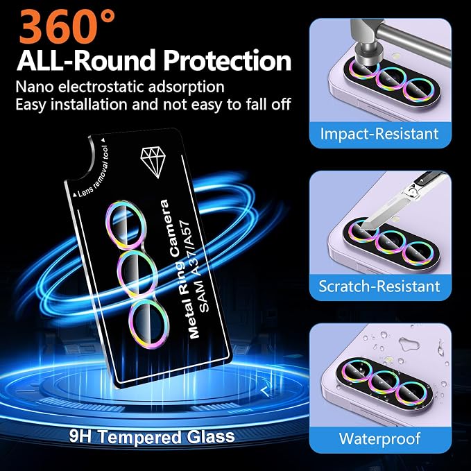 for Samsung Galaxy A37/A57 Camera Lens Protector, Individual Metal Ring Tempered Glass Lens Cover, [Strong Adsorption] Scratch Resistant Ultra-Thin HD Clear Lens Cover, 1 Set-Colorful - Image 2