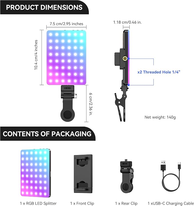 ENEGON RGB Selfie Light, 360° Full Color RGB Video Light with 24 Effects, 78 LED 2000mAh Rechargeable CRI 95+ and 2500K-9000K CCT, Portable Clip on Light for Phone/Tablet/Laptop/Streaming - Image 7
