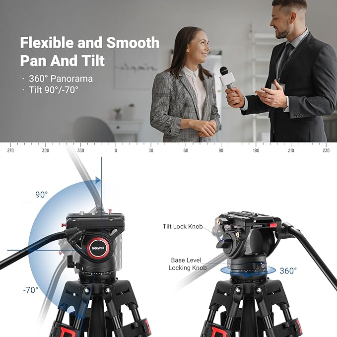 NEEWER 74" Video Tripod with Fluid Head, QR Plate , Aluminum Heavy Duty Camera Tripod Professional for DSLR Cameras Camcorders, Max Load 17.6lb/8kg, TP74 - Image 3