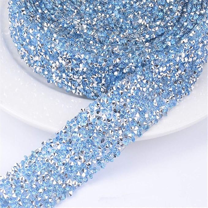EORTA 1Yard X 3CM Rhinestone Beaded Trim Sparkling Crystal Rhinestone Hotfix Ribbon Iron on Applique Bling Chain Banding Belt for DIY Wedding Bridal Dress Embellishment Phone Wall Decor, Light Blue - Image 3