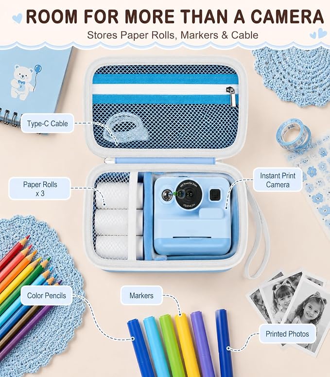 Kids Instant Print Camera Case for DYLANTO for ESOXOFFORE Cameras | Portable Digital Camera Case Organizer for ETIKEZ for YTETCN for DUDUDRAGON with Pocket for Accessories (Box Only)-Blue - Image 4