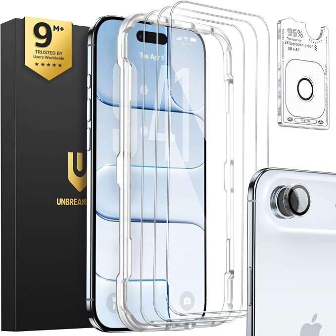 UNBREAKcable iPhone 17 Air Screen Protector & Camera Lens Protector | Upgraded Dual-Tempered Glass with Military-Grade 9H Hardness, 3-Pack,HD Clarity, Anti-Fingerprint, Case Friendly, Fits 6.5'' by UNBREAKcable