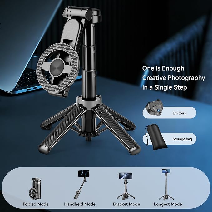 4-in-1 Multifunctional Magnetic Phone Tripod, Portable Selfie Stick for iPhone & Android with Detachable Remote and Metal Ring, Magnetic Tripod Extendable Length 4.33" - 16" - Image 8