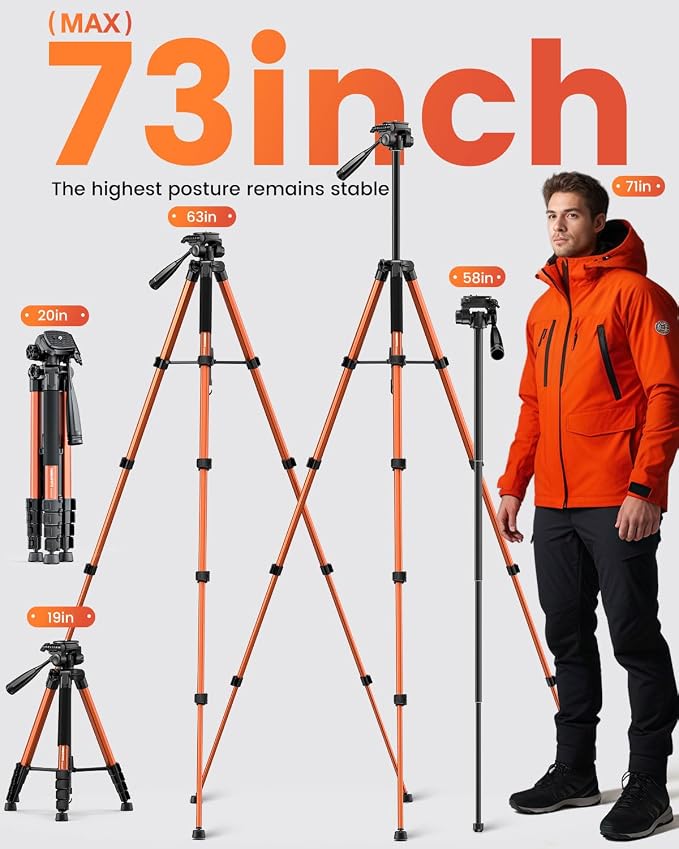 CAMBOFOTO 73" Camera Tripod and Monopod, Aluminum Tripod Stand/Burnt Orange | for Professional Camera/Mirrorless/DSLR/Cell Phone/Camcorder/GoPro, with Phone Holder/Travel Bag - Image 3
