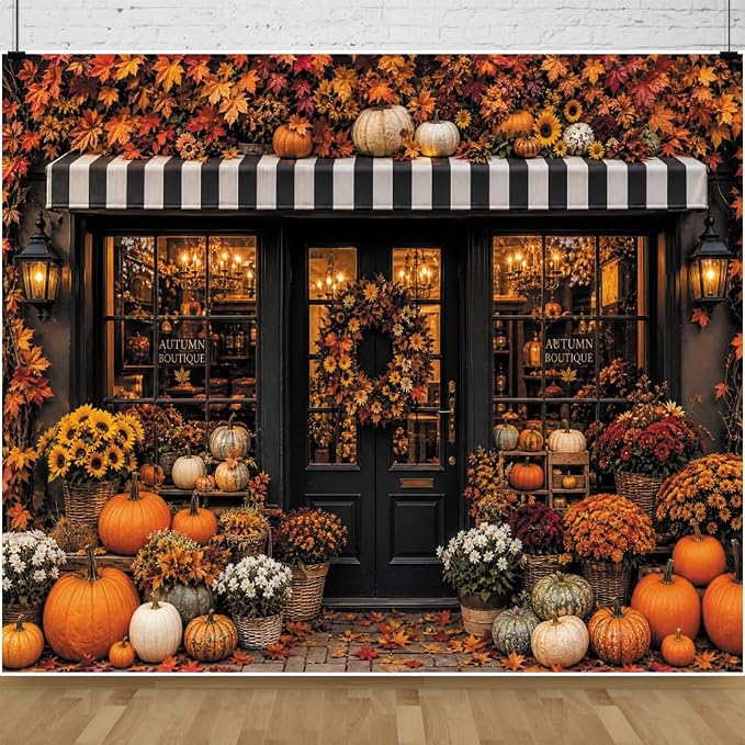 Fall Pumpkin Store Backdrop 8x8ft Autumn Boutique Harvest Pumkin Photography Background Vintage Fall Fall Festival Thanksgiving Family Party Decorations Banner Vinyl by Leowefowa