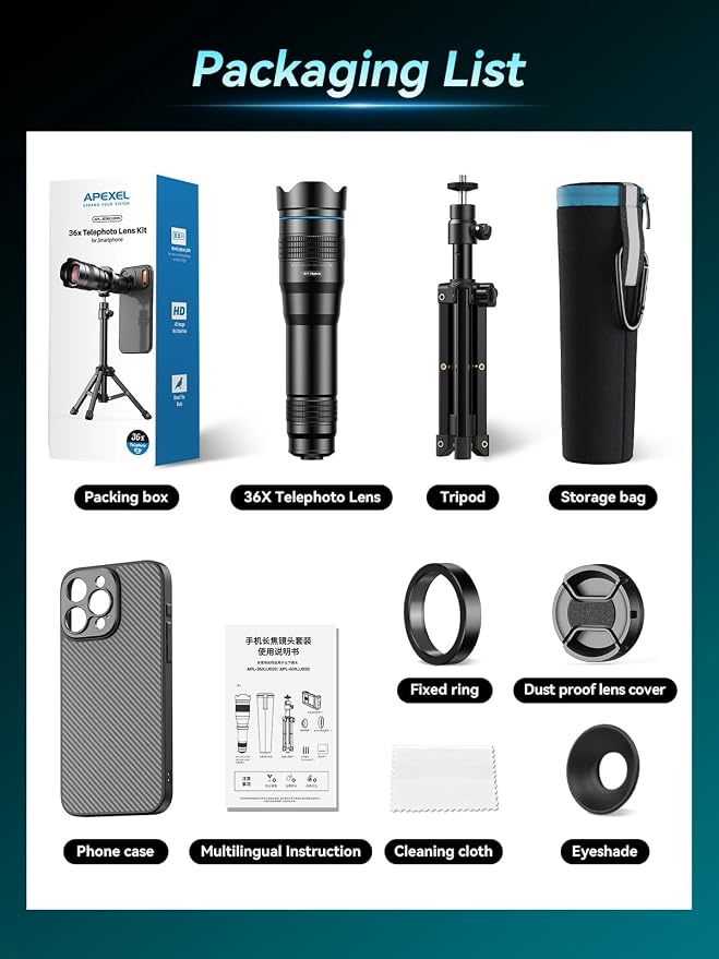 APEXEL 36x Telephoto Lens Compatible with iPhone 15 Pro Max | Photography for Travel, Birdwatching, Exploration | Kit with Sturdy Metal Tripod and Threaded Phone Case - Image 7