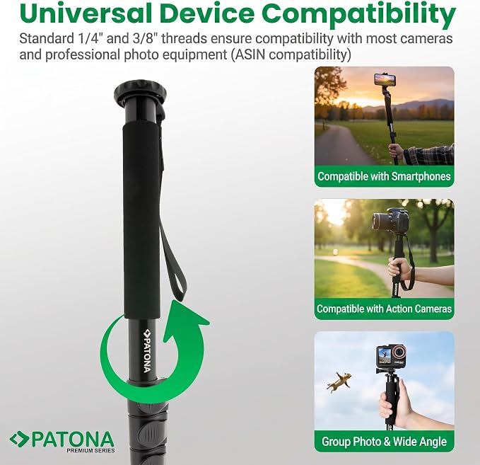PATONA Premium Telescopic 155cm Camera Monopod | Aluminum Camera Pole | Gezi One Travel Monopod, 1/4" & 3/8" Thread Mount, Light Weight Design, Includes Carrying Bag - Image 2