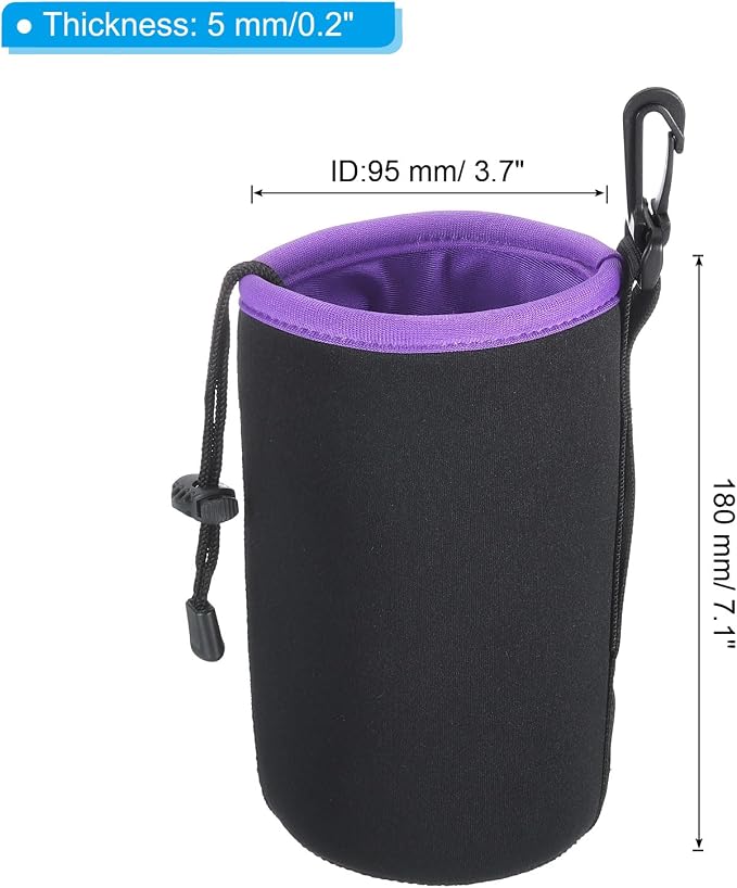 PATIKIL Camera Lens Bag, 2 Pcs 3.7" ID x 7.1" H Cylindrical Drawstring Lens Pouch with Thick Protective Neoprene, Lens Case for DSLR Camera Lens, Water Coffee Cups Black, Purple - Image 2