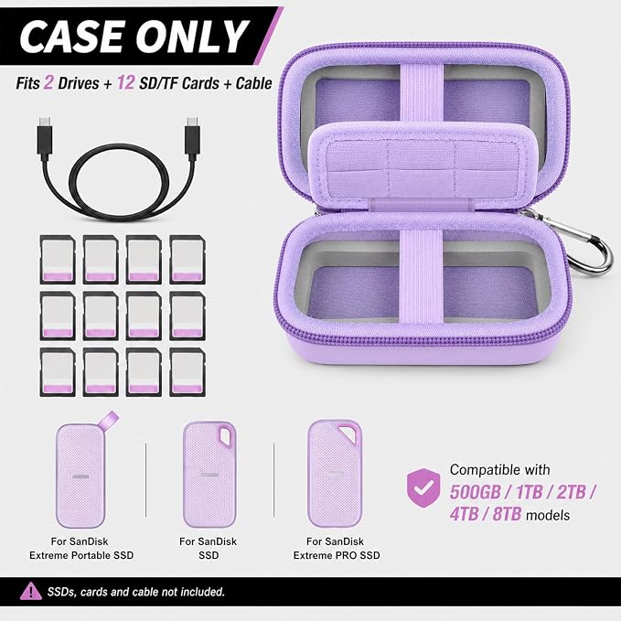 Comecase Dual SSD Case for SanDisk Extreme Portable SSD and Extreme PRO | Holds 2 Drives & 12 SD Cards, Elastic Strap Fit 500GB/1TB/2TB/4TB/8TB, Cable Groove & Carabiner for Travel, Purple, Box Only - Image 2