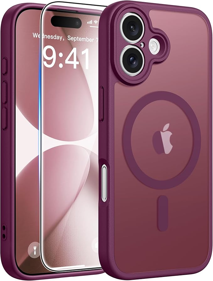 FNTCASE for iPhone 17 Case, Compatible with Magsafe, Glass Screen Protector | Full Camera Protection, Translucent Matte, 14FT Military Grade Drop Proof, Shockproof Protective Phone Cover, Wine Red by FNTCASE