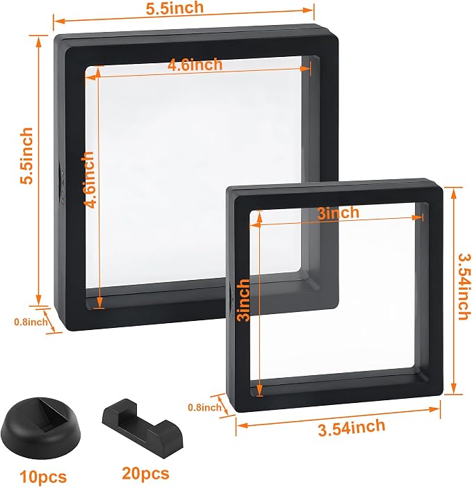20Pcs 3D Floating Frame Display Case with Stands,3D Challenge Coin Display Clear Case for Jewelry Storage,Pin, Military Medals, Specimens,Black - Image 3