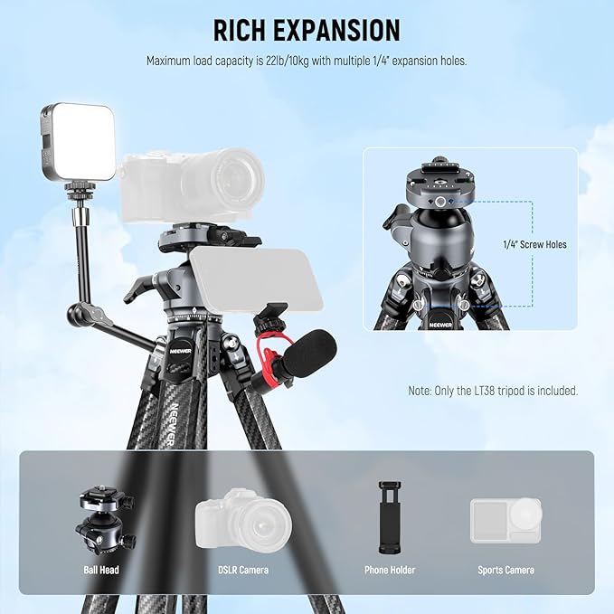NEEWER LITETRIP LT38 61" Travel Tripod Carbon Fiber for Camera, 360° Pan Tilt Low Profile Ball Head, Flexible Center Axis, Arca QR Plate Compatible with PD, Max Load 22lb - Image 6
