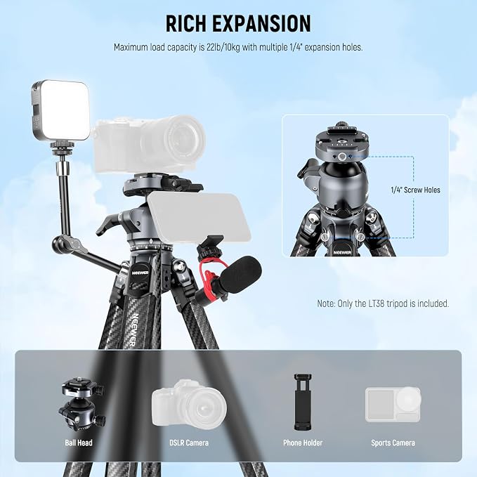 NEEWER LITETRIP LT38 61" Travel Camera Tripod, Carbon Fiber Portable Stand, 360° Pan Tilt Ball Head, Center Axis, Arca Type QR Plate Compatible with Clip V3, Max Load 22 lb, Cleaning Cloth - Image 6