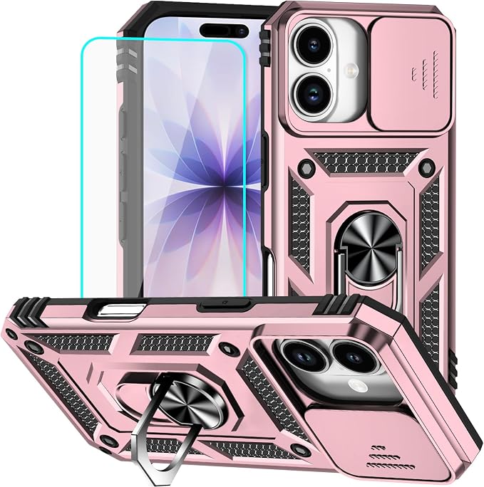 HNHYGETE for iPhone 17 Case with Screen Protector: [Military Grade 20ft. Drop Tested] Slide Camera Cover Ring Shockproof Protective Phone Case for - iPhone 17 (Rose Gold) by HNHYGETE