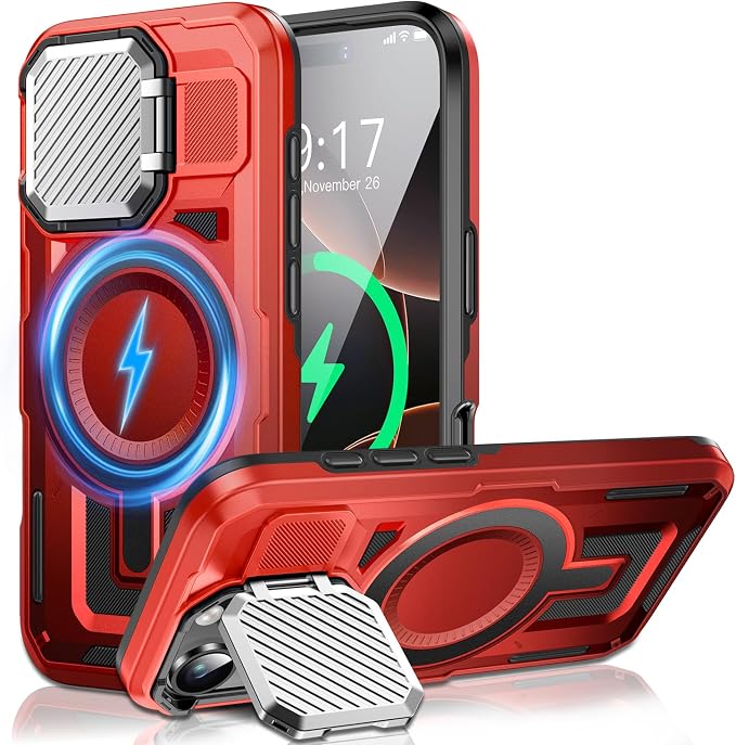 Camera Stand Case for iPhone 16 Pro, [Compatible with MagSafe] [Lens Cover] 2024 Version Military Grade Protective Soft Case for iPhone 16 Pro 6.3 inch Men Women, Red by WASTROYAL