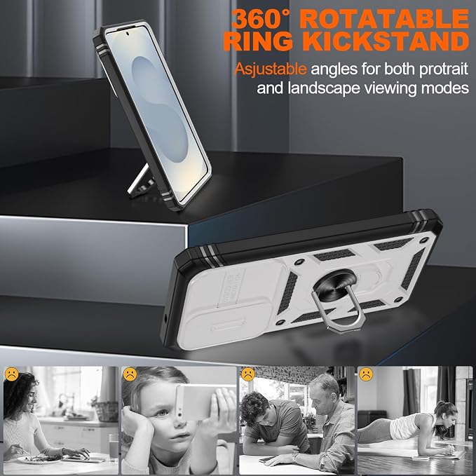 Gritup for Samsung Galaxy S26 Case with Slide Camera Cover | 2*Screen Protector, Build in 360° Rotating Ring Kickstand, Military Grade Protective Cover for Samsung S 26, White+Black - Image 8