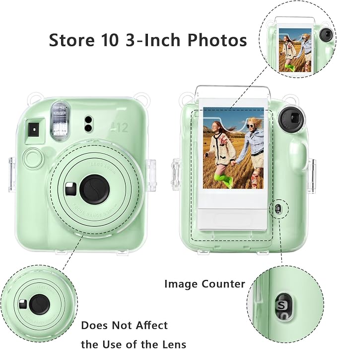 Rieibi Clear Case Compatible with Fuji Instax Mini 12, Hard Carrying Case Bag for Fujifilm Instax Mini 12 Instant Camera, PC Cover with Photo Storage Pocket & Shoulder Strap - Image 2