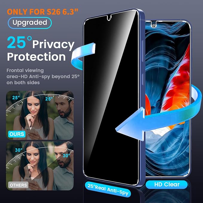 firtstnow 3 Pack Privacy Screen Protector for Samsung Galaxy S26 Tempered Glass + 2 Pack Camera Lens Protector, True 25°Anti Spy, 9H+ Hardness, Fingerprint Unlock, Case Friendly Bubble-Free 6.3 Inch - Image 3