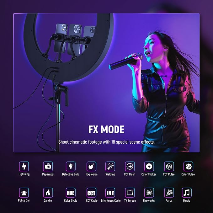 NEEWER 19" RGB LED Ring Light with Stand, 3 Phone Holders, Touch Panel, 2.4G/App Control, 42W CRI97+ 2800lux/0.5m 360° Hue Dimmable Professional Lighting for Makeup Live Streaming Zoom Calls, RP19C - Image 5