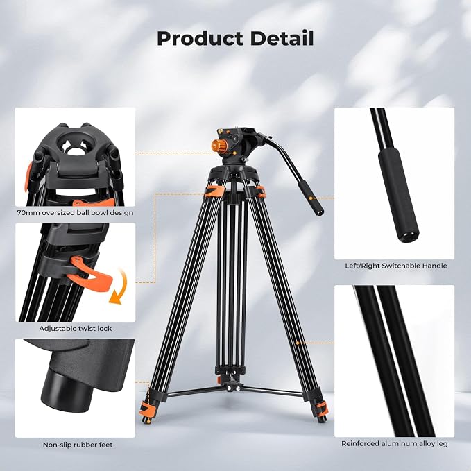 K&F CONCEPT 80" Video Tripod with Fluid Head | Heavy Duty Aluminum Tripod, Smooth Damping, Quick Release Plate for DSLR/Mirrorless/Camcorder, Max Load 17.6lb, VA3+BV70 - Image 8