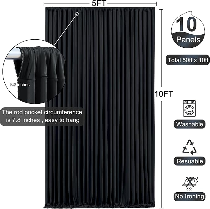 10 Panels Black Backdrop Curtain for Parties Wrinkle Free Black Photo Curtains Backdrop Drapes Fabric Decoration for Birthday Party Wedding 50ft(W) x 10ft(H) - Image 5