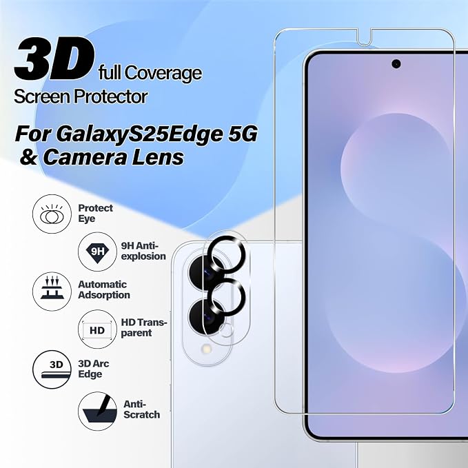 BIGFACE Galaxy S25 Edge Tempered Glass Screen Protector + Camera Lens Protector [2 + 2 Pack][Case Friendly][Anti-Scratch][Ultrasonic Fingerprint Unlock] HD Protective Film for Samsung Galaxy S25 Edge - Image 2