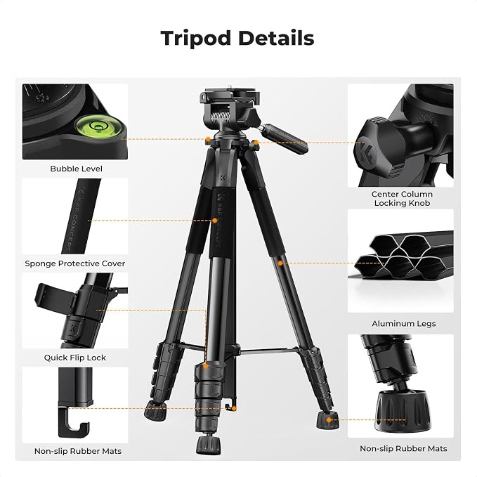 K&F CONCEPT 75" Aluminum Camera Tripod, Lightweight and Compact for Travel | Compatible with Canon Nikon DSLR Camera, Cellphone Clip and Remote Control for Shooting and Video Recording S255A3+BV01 - Image 9