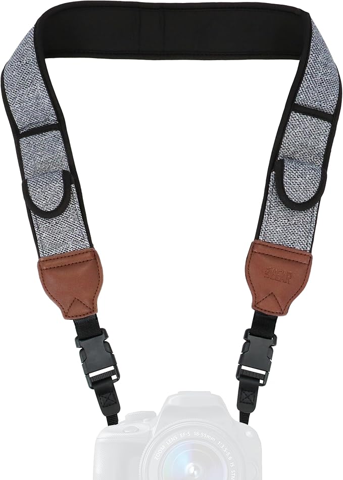 USA Gear TrueSHOT Camera Strap Neoprene Camera Straps - Padded Neck Strap, Pockets, and Release Buckles - Compatible with Canon, Nikon, Sony and More DSLR and Mirrorless Cameras (Grey Woven Pattern) by USAGEAR