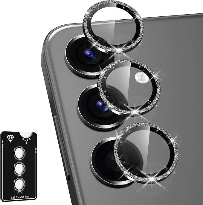 for Samsung Galaxy S25 Camera Lens Protector, Individual Metal Ring Tempered Glass Lens Cover, [Strong Adsorption] Scratch Resistant Ultra-Thin HD Clear Lens Cover, 1 Set-Black Sparkly by Btscase