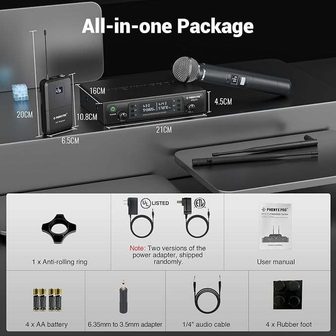 Phenyx Pro Wireless Microphone System, Dual Channel 100 UHF Metal Receiver, 328ft Range Auto Scan, Cordless Handheld & Bodypack & Lapel Mic Combo for Karaoke Church Speech PTU-71-1H1B | Quick IR Sync, Lapel Mic, 2 x 100 Frequencies, 328 ft Range, Karao... - Image 7