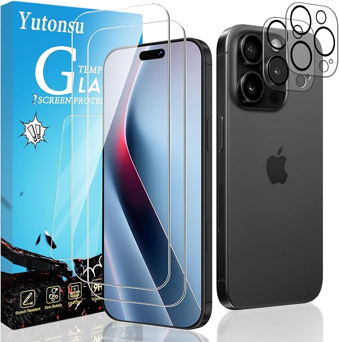 2 Pack Tempered Glass Screen Protector for iPhone 15 Pro Max | with 2 Pack Camera Lens Protector, Anti Scratch, Bubble Free, Case Friendly by Unknown