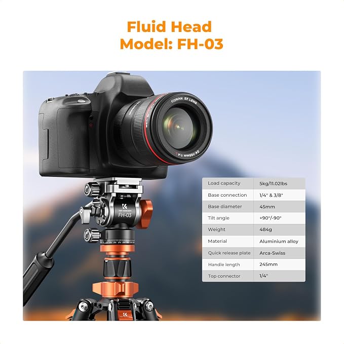 K&F CONCEPT 83" Camera Video Tripod for DSLR | Compact Aluminum, 360° Panorama Fluid Head, Travel, Video, Live Streaming, Vlogging, Payload 11lb, O234A7+FH-03 - Image 3